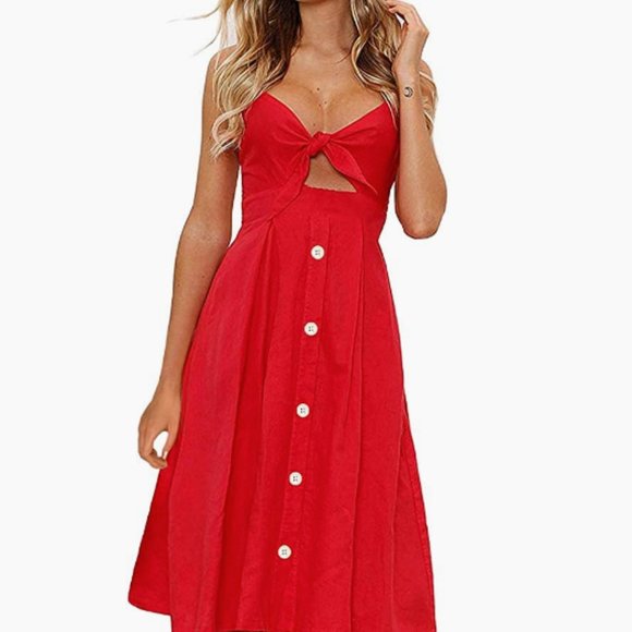 FANCYINN Womens Tie Front Button Down Spaghetti Strap Midi Dress EUC - Picture 1 of 11